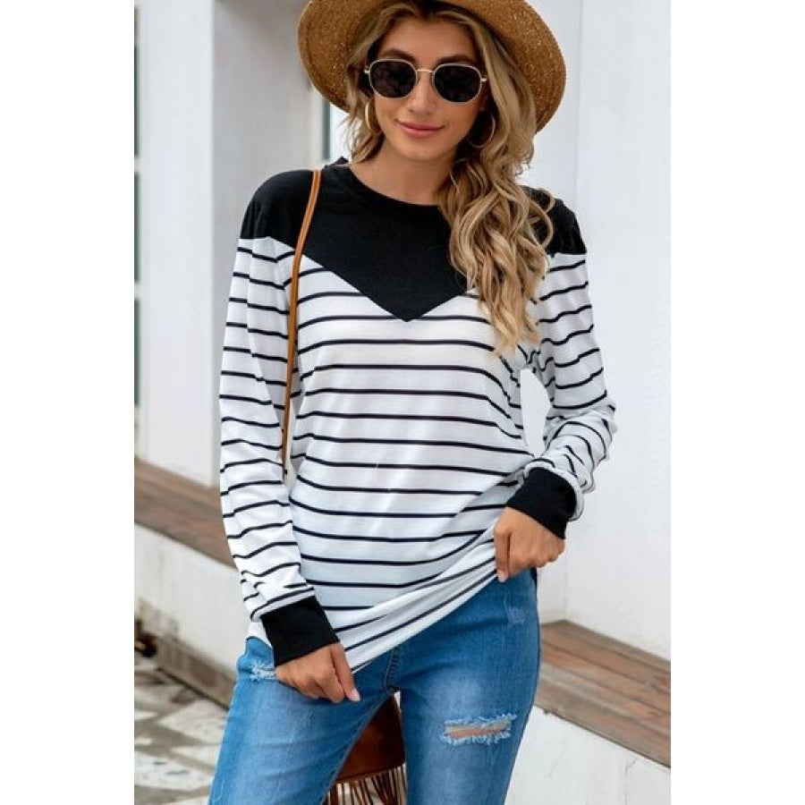 Striped Round Neck Long Sleeve T-Shirt Black / S Clothing