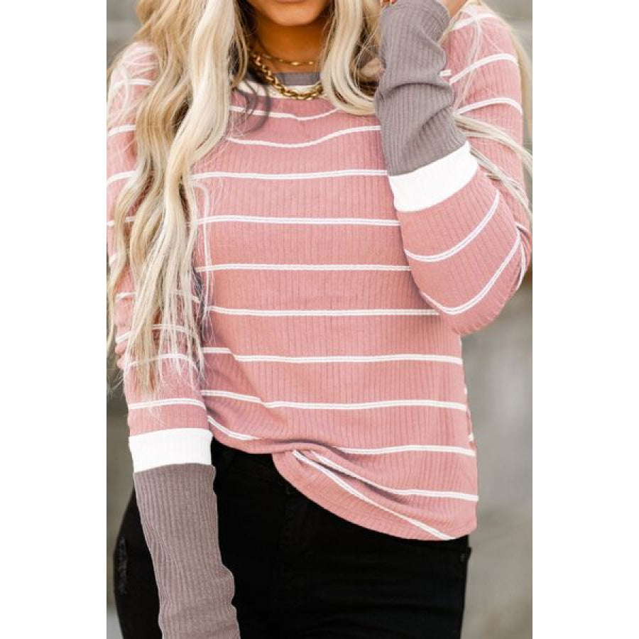 Striped Round Neck Long Sleeve T - Shirt Blush Pink / S Apparel and Accessories