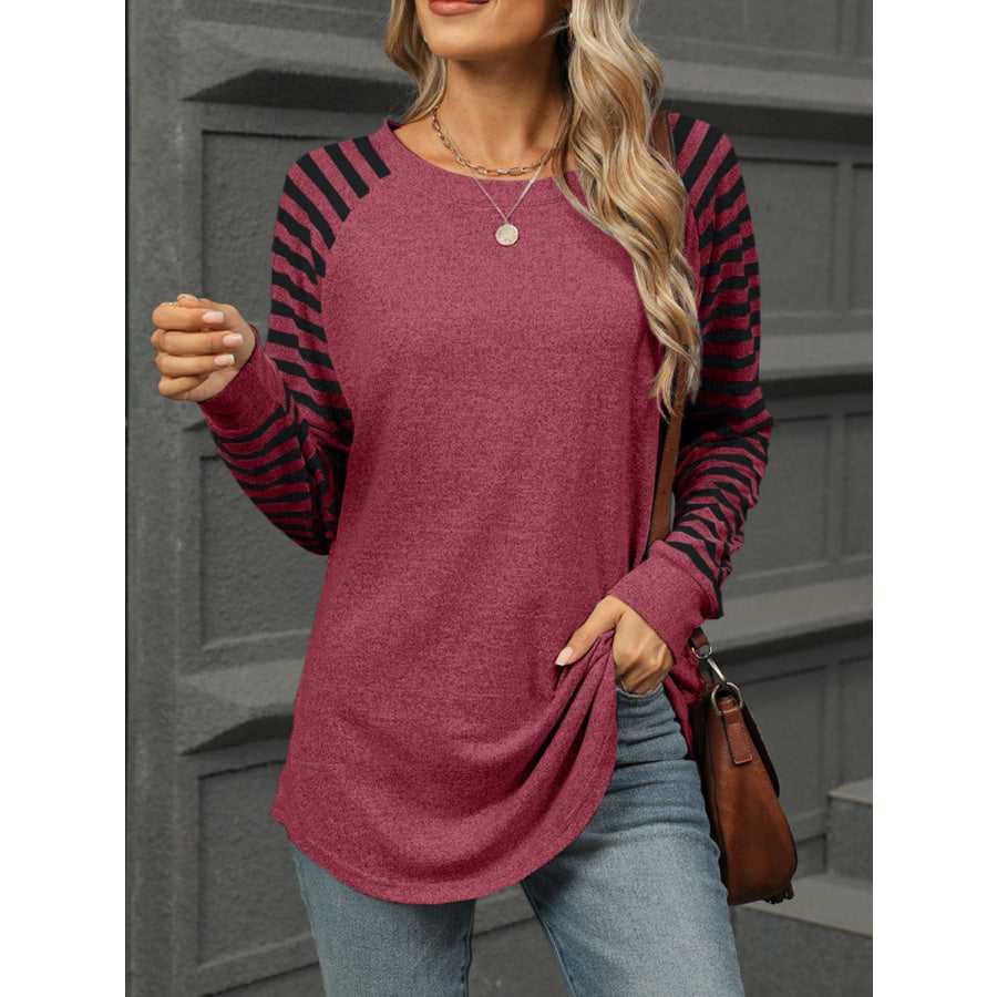 Striped Round Neck Long Sleeve T-Shirt Burgundy / S Apparel and Accessories