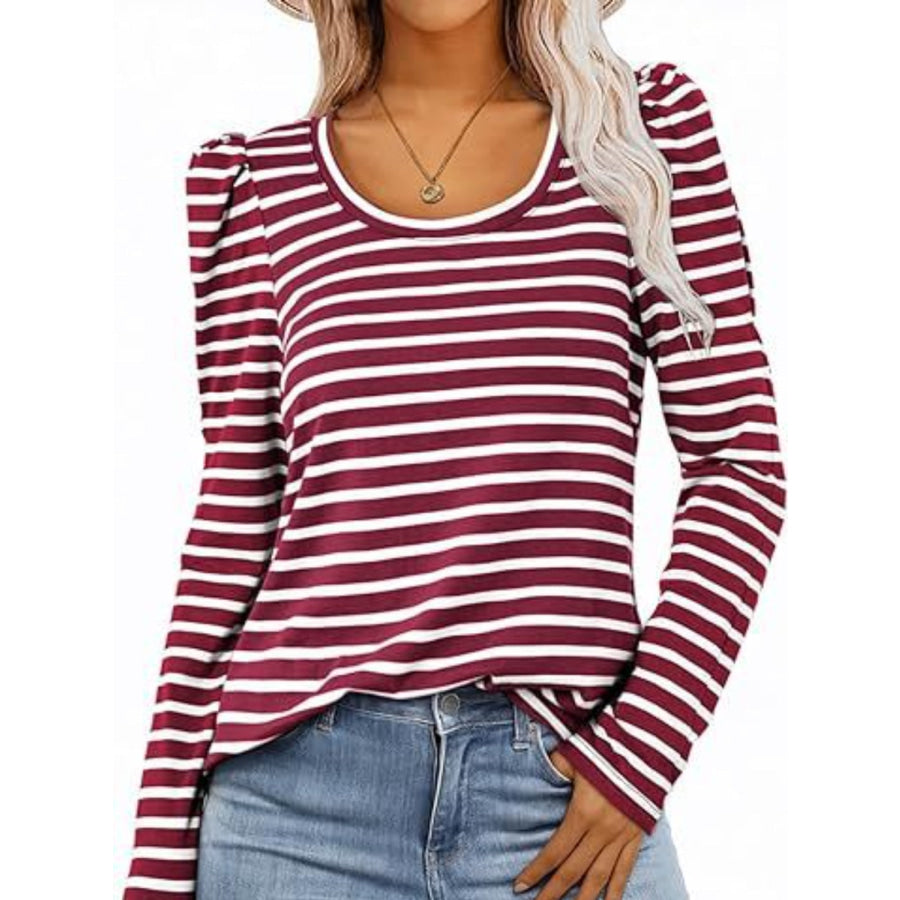 Striped Round Neck Long Sleeve T-Shirt Burgundy / S Apparel and Accessories