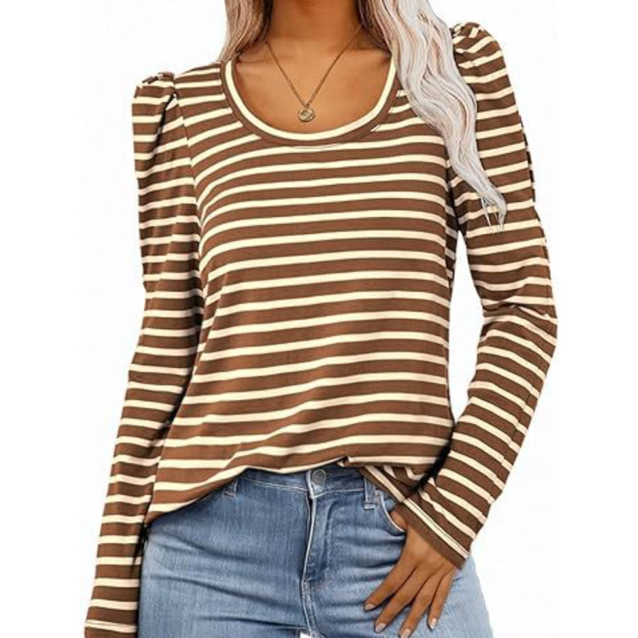 Striped Round Neck Long Sleeve T-Shirt Camel / S Apparel and Accessories