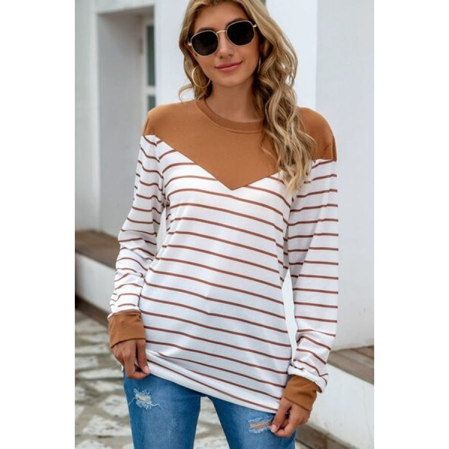 Striped Round Neck Long Sleeve T-Shirt Camel / S Clothing