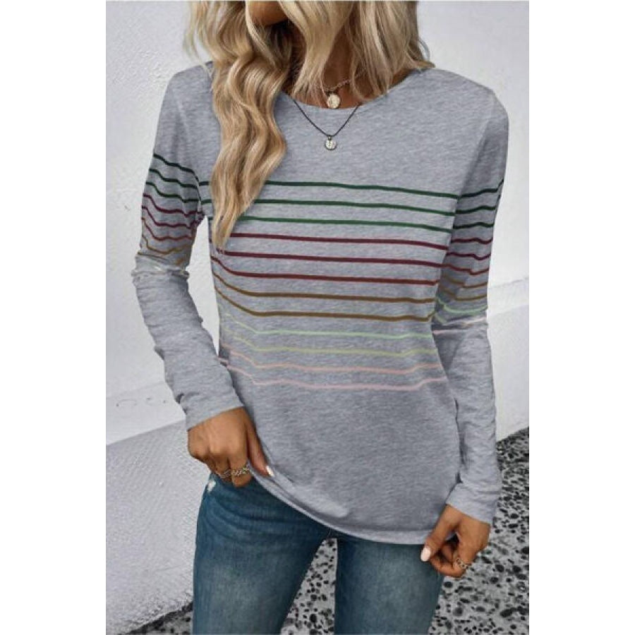 Striped Round Neck Long Sleeve T-Shirt Charcoal / S Apparel and Accessories