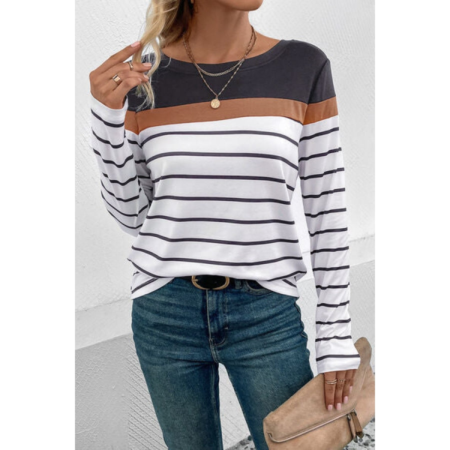 Striped Round Neck Long Sleeve T-Shirt Charcoal / S Clothing