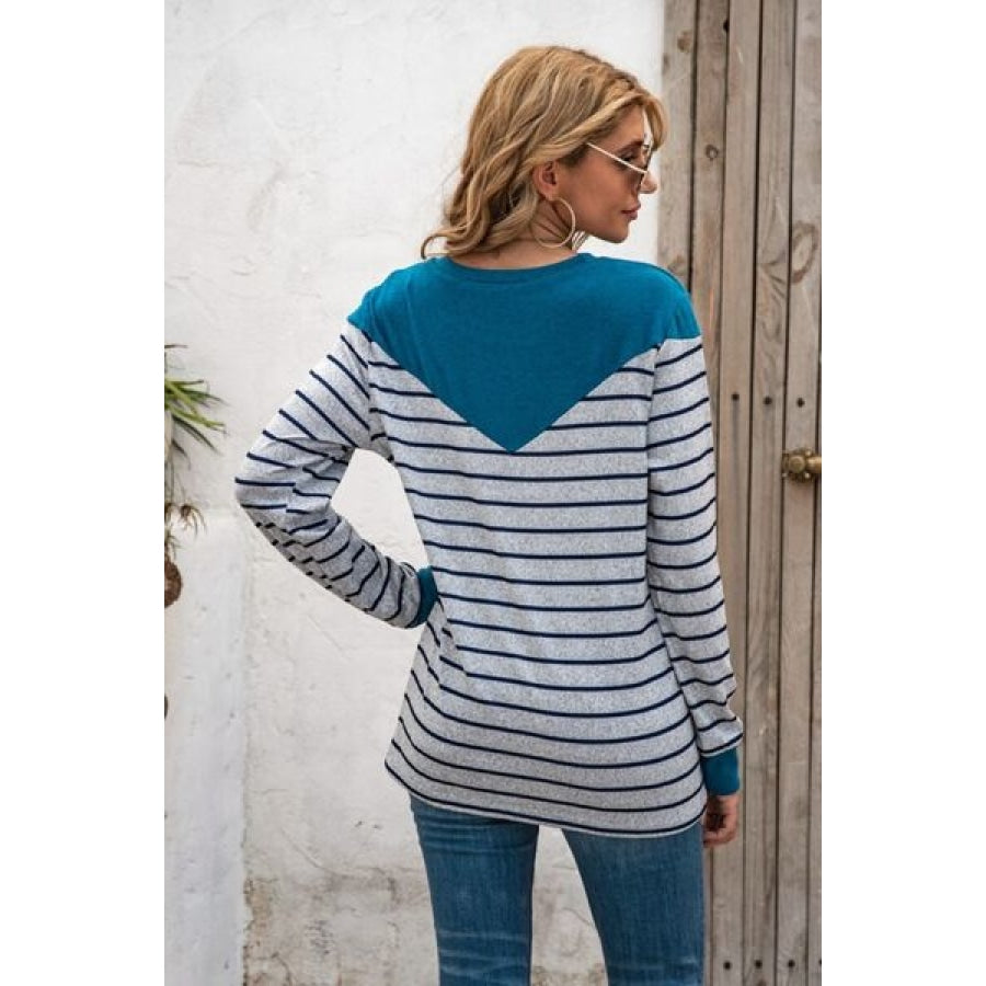 Striped Round Neck Long Sleeve T-Shirt Clothing