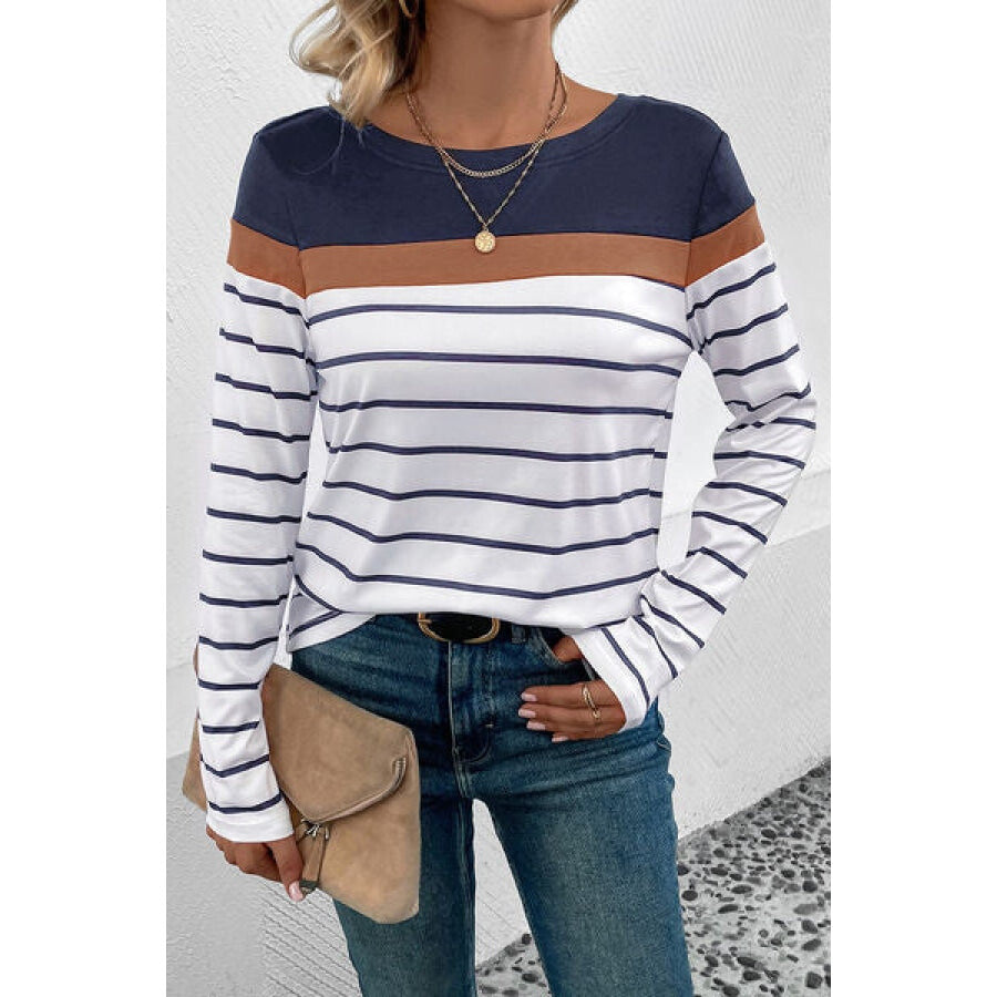 Striped Round Neck Long Sleeve T-Shirt Clothing