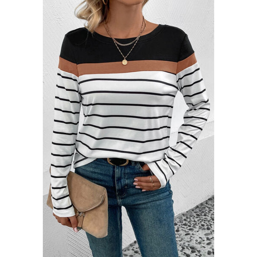 Striped Round Neck Long Sleeve T-Shirt Clothing