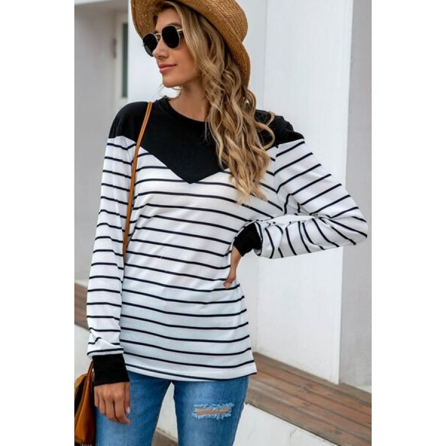 Striped Round Neck Long Sleeve T-Shirt Clothing