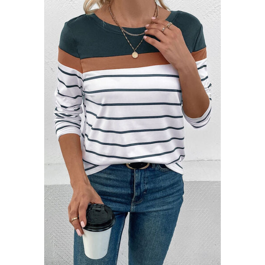 Striped Round Neck Long Sleeve T-Shirt Clothing