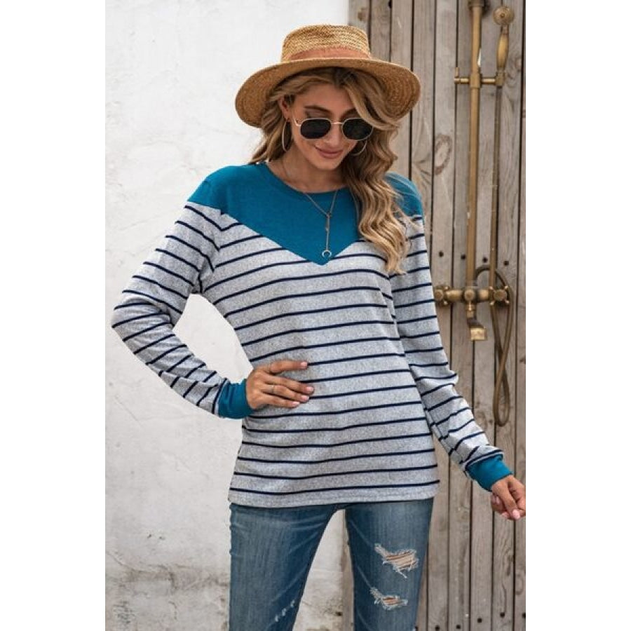 Striped Round Neck Long Sleeve T-Shirt Clothing