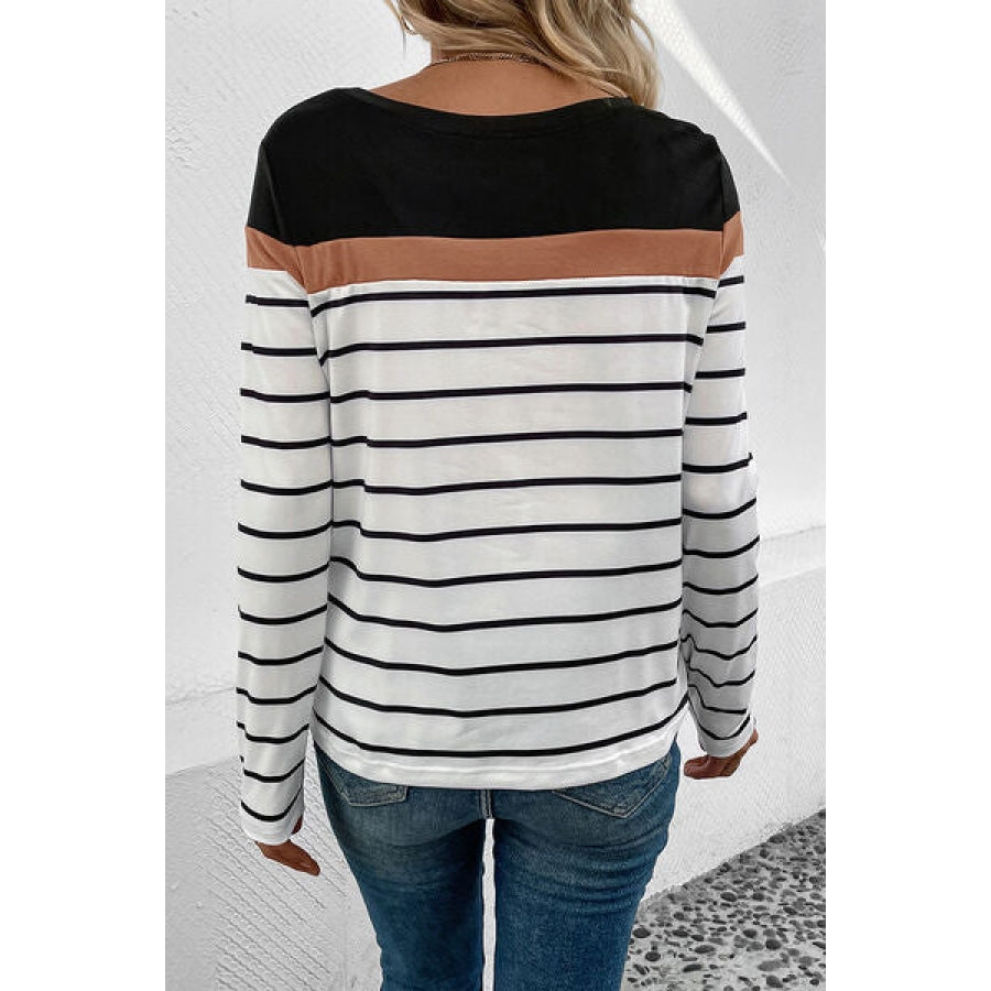 Striped Round Neck Long Sleeve T-Shirt Black / S Clothing