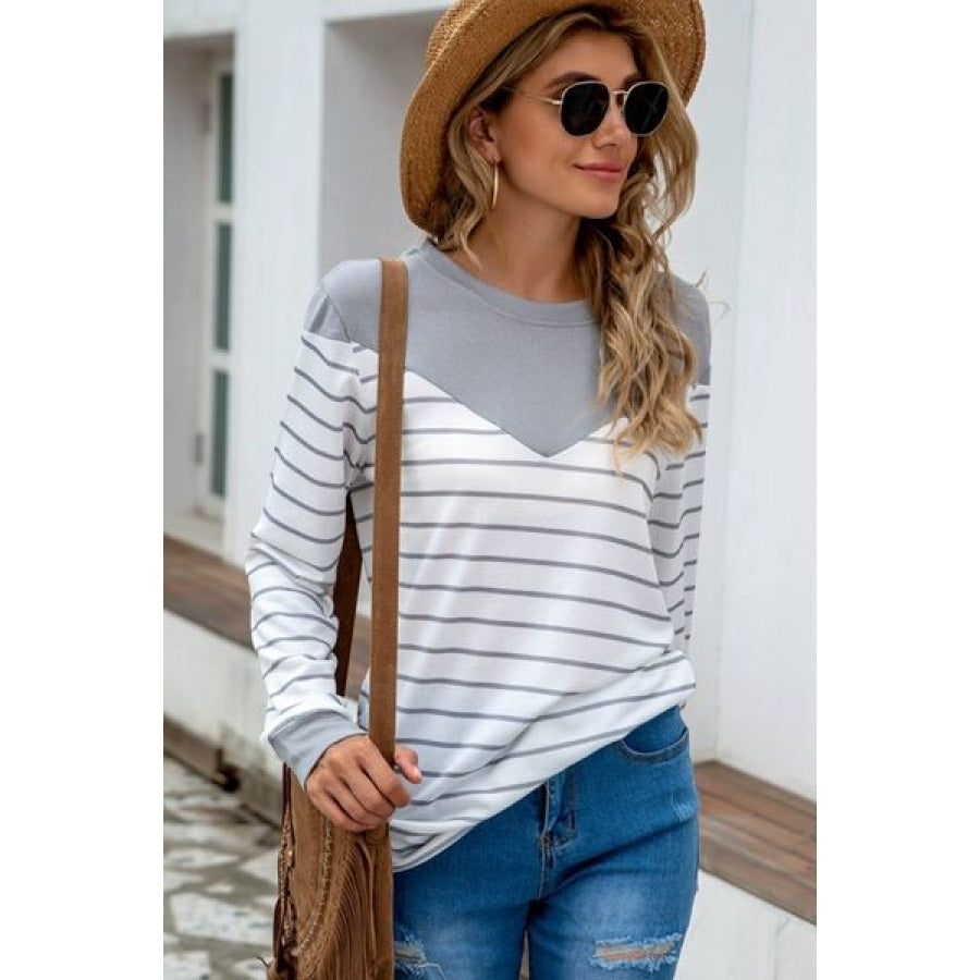 Striped Round Neck Long Sleeve T-Shirt Clothing