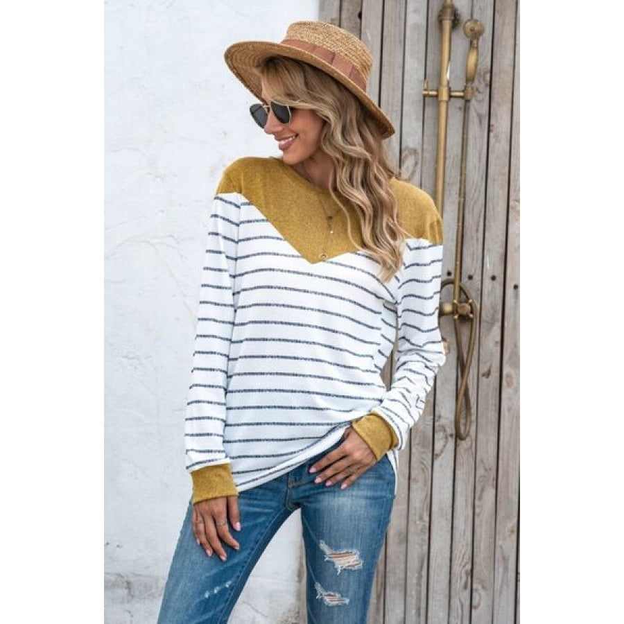 Striped Round Neck Long Sleeve T-Shirt Clothing