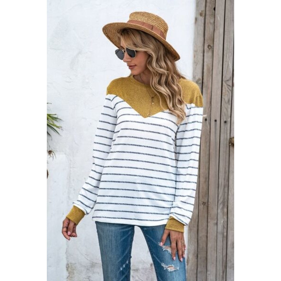 Striped Round Neck Long Sleeve T-Shirt Clothing