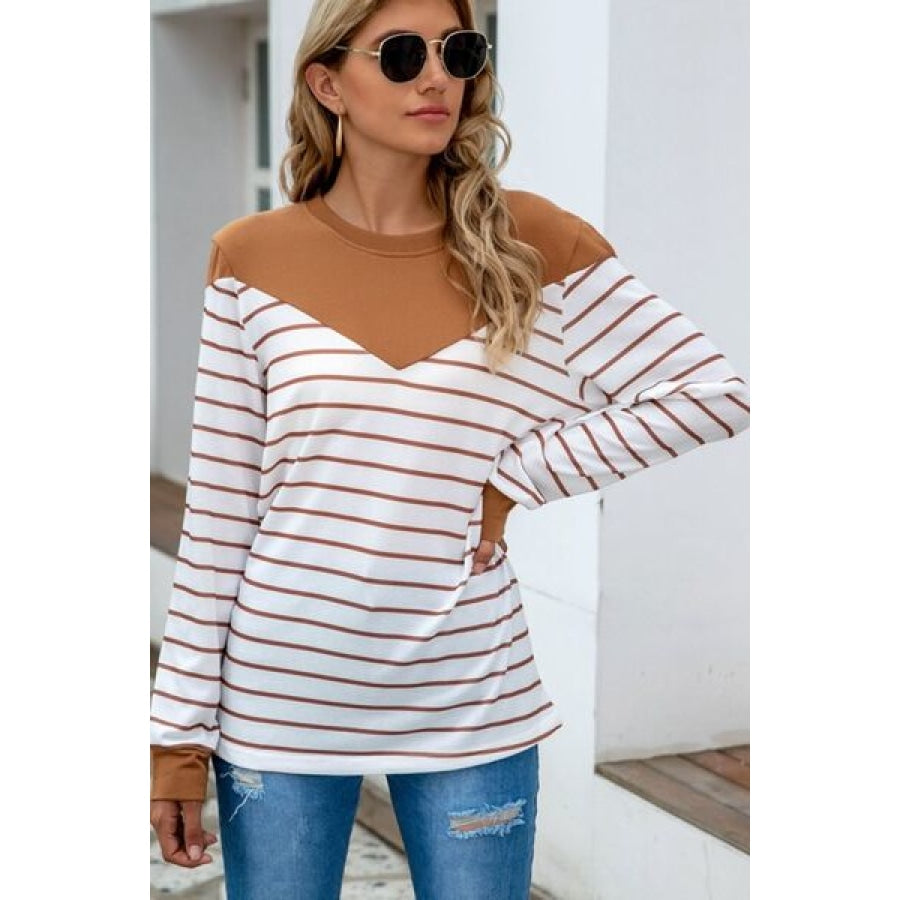 Striped Round Neck Long Sleeve T-Shirt Clothing