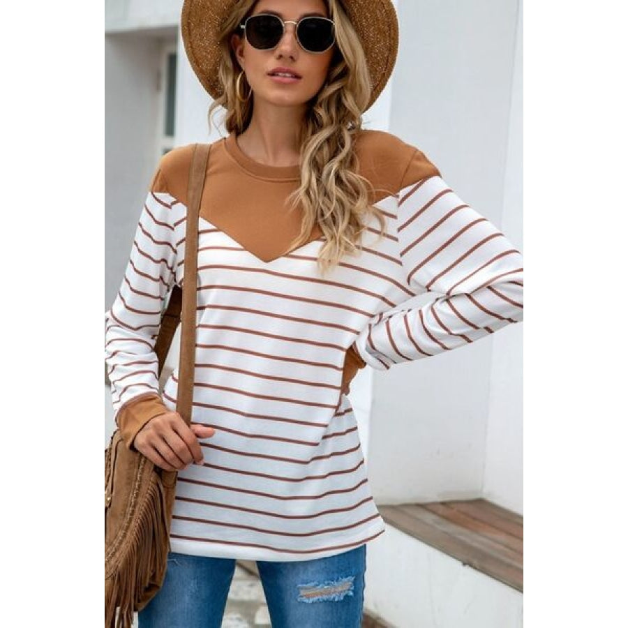 Striped Round Neck Long Sleeve T-Shirt Clothing