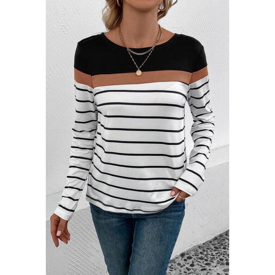 Striped Round Neck Long Sleeve T-Shirt Clothing