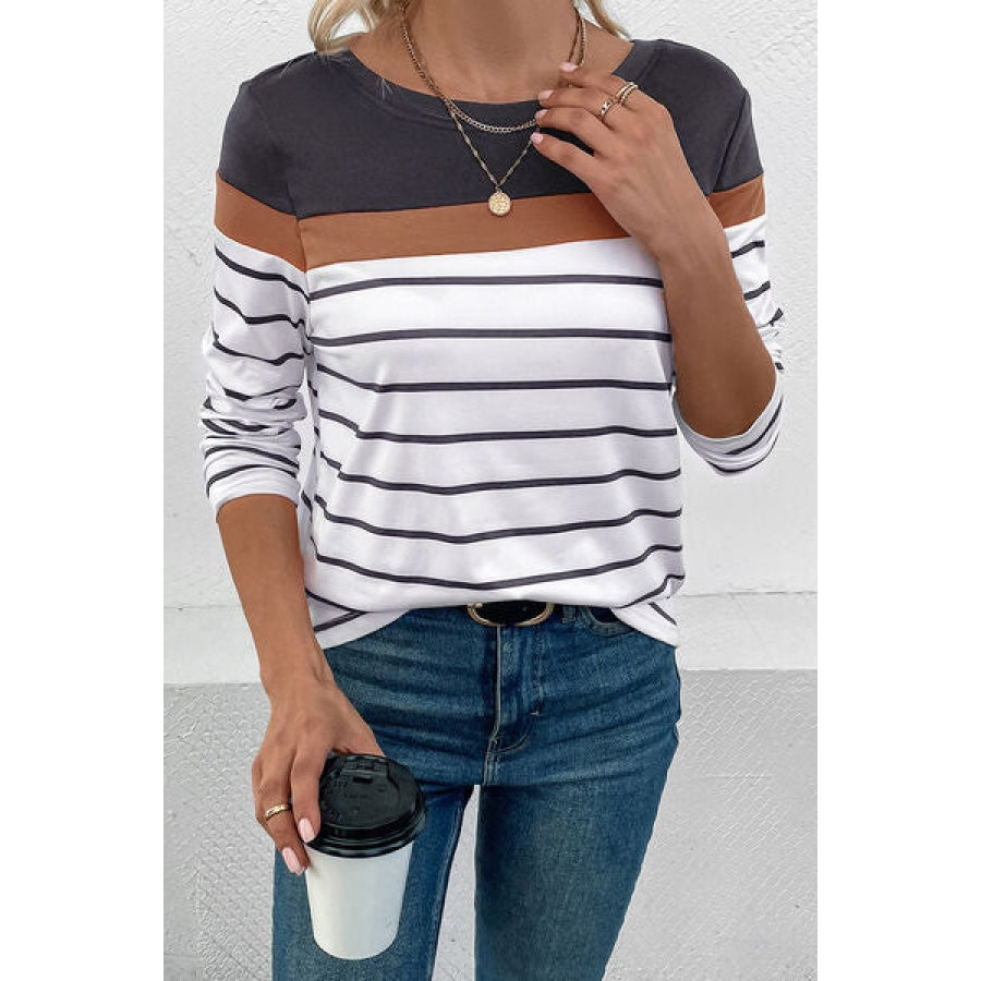 Striped Round Neck Long Sleeve T-Shirt Clothing