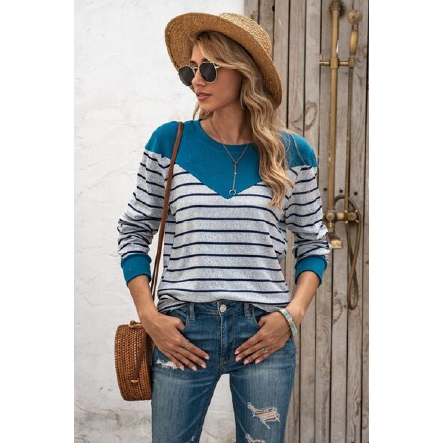 Striped Round Neck Long Sleeve T-Shirt Clothing