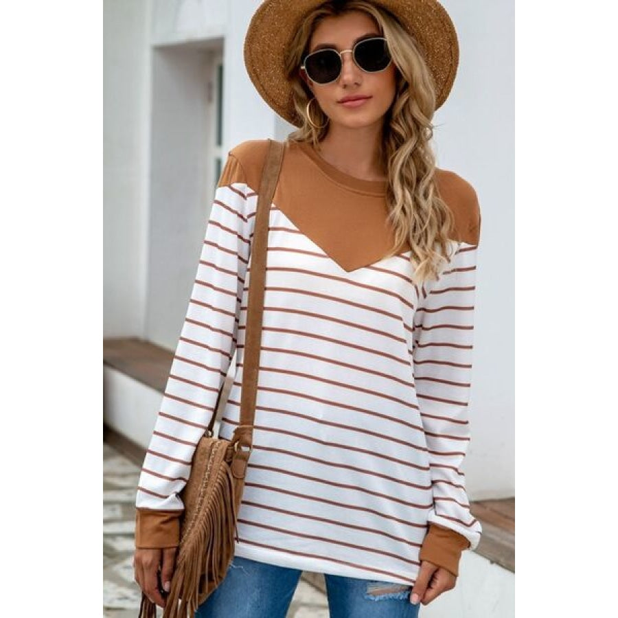 Striped Round Neck Long Sleeve T-Shirt Clothing