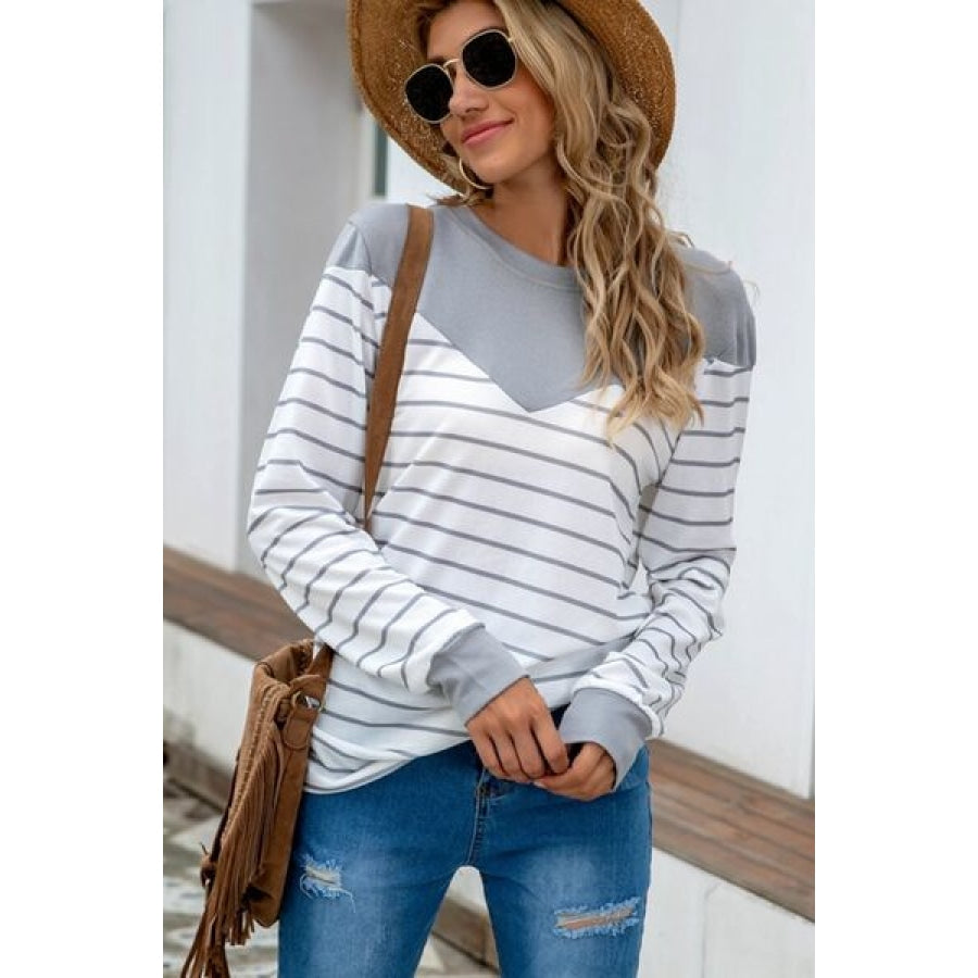 Striped Round Neck Long Sleeve T-Shirt Clothing