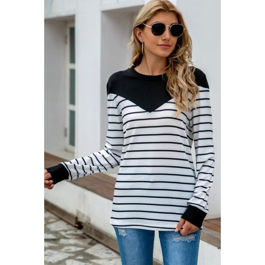 Striped Round Neck Long Sleeve T-Shirt Clothing