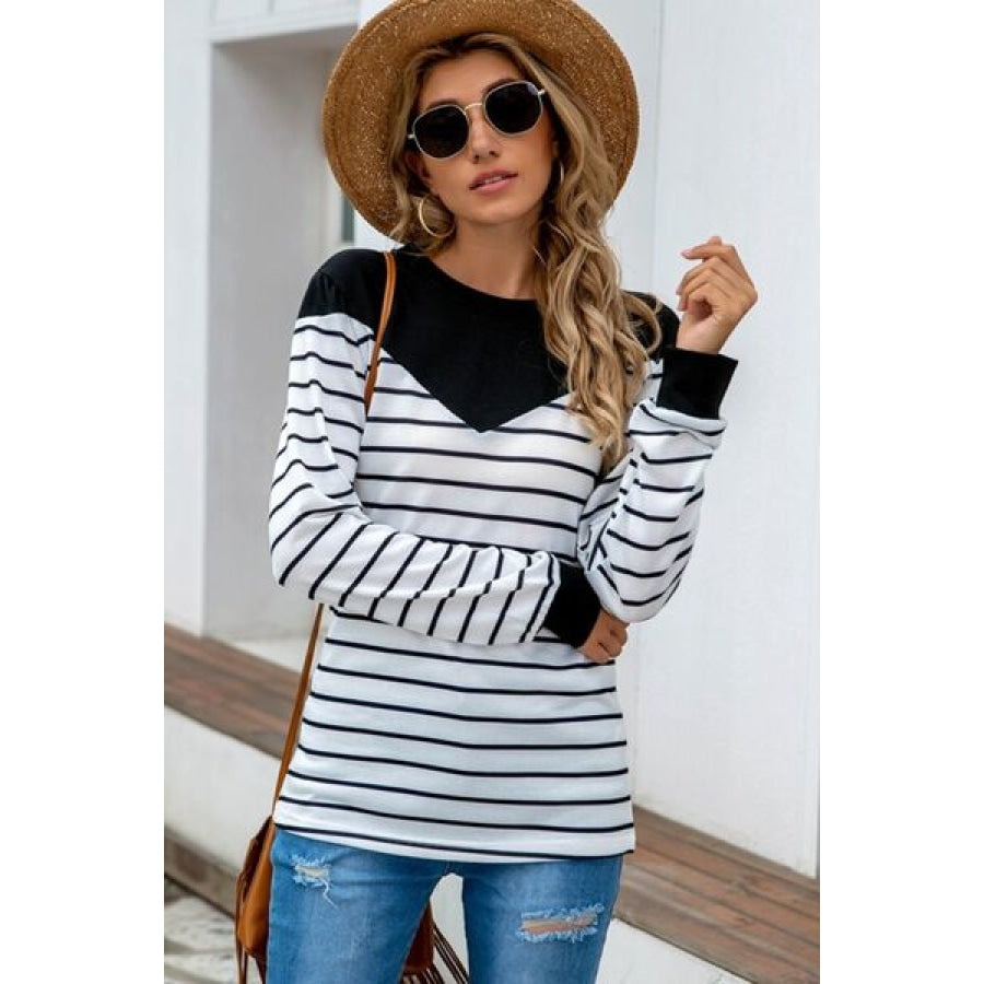 Striped Round Neck Long Sleeve T-Shirt Clothing