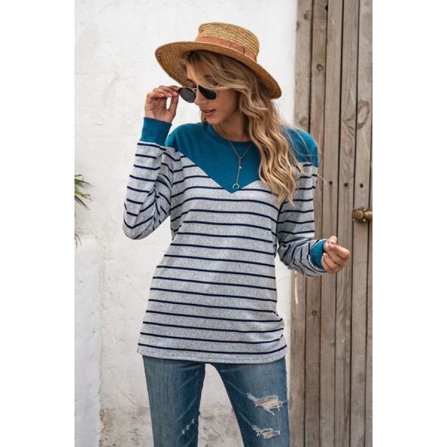 Striped Round Neck Long Sleeve T-Shirt Clothing