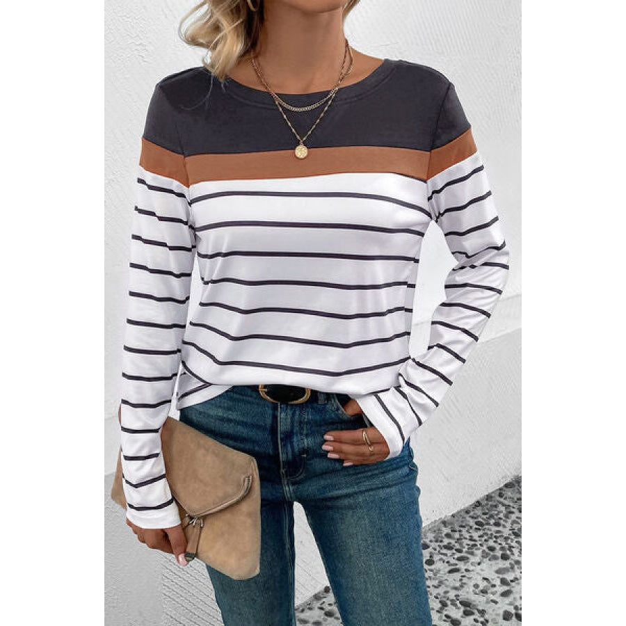 Striped Round Neck Long Sleeve T-Shirt Clothing