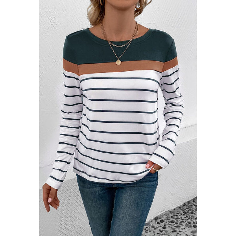 Striped Round Neck Long Sleeve T-Shirt Clothing