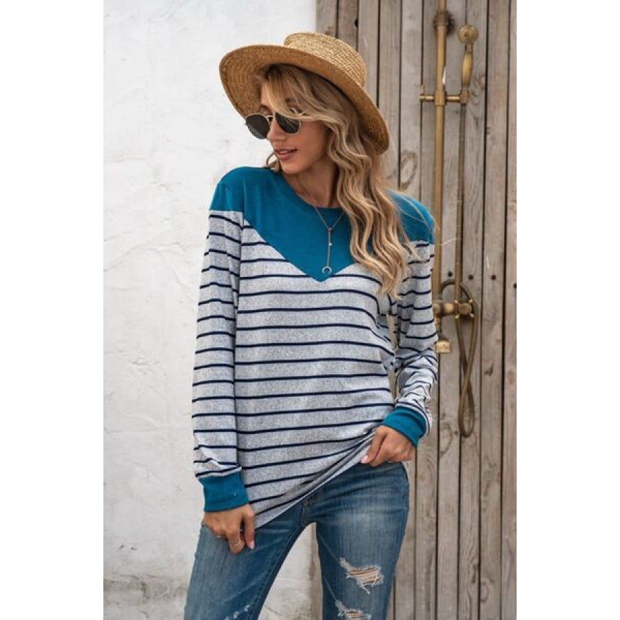 Striped Round Neck Long Sleeve T-Shirt Clothing