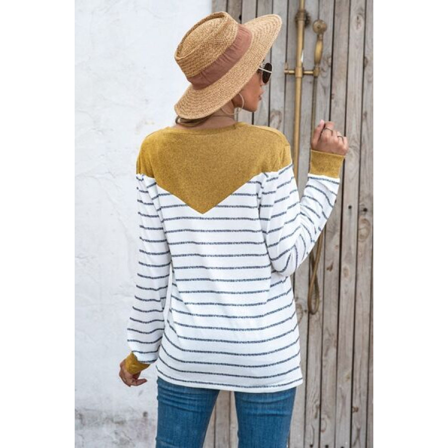 Striped Round Neck Long Sleeve T-Shirt Chartreuse / S Clothing