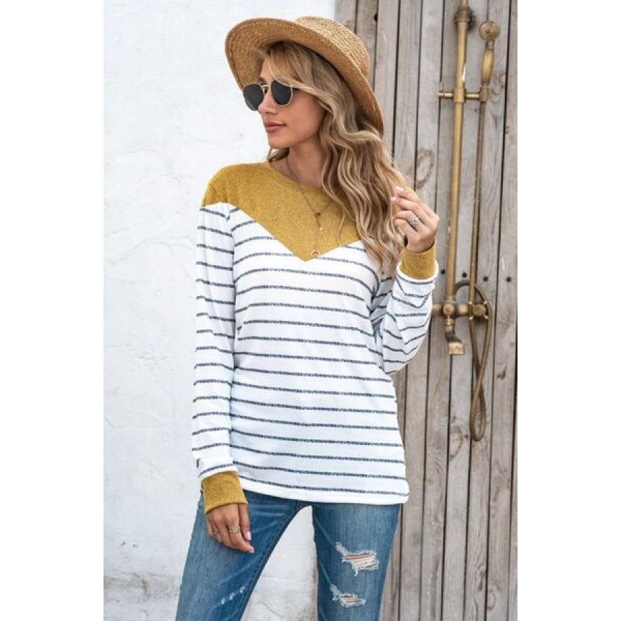 Striped Round Neck Long Sleeve T-Shirt Clothing