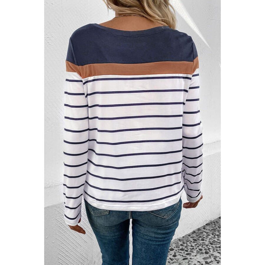 Striped Round Neck Long Sleeve T-Shirt Clothing