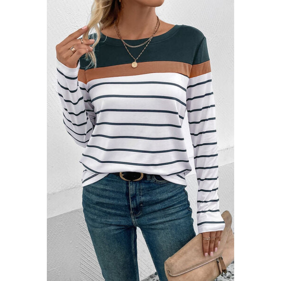 Striped Round Neck Long Sleeve T-Shirt Clothing