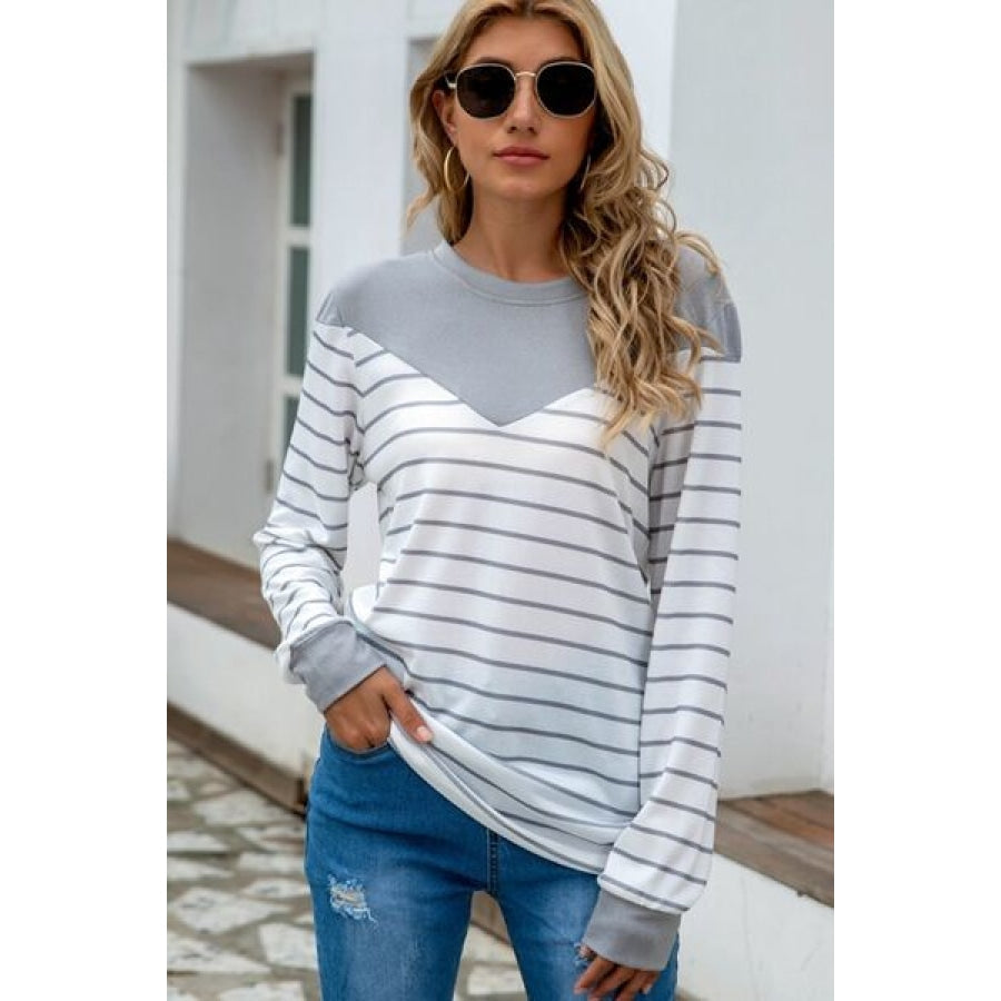 Striped Round Neck Long Sleeve T-Shirt Cloudy Blue / S Clothing