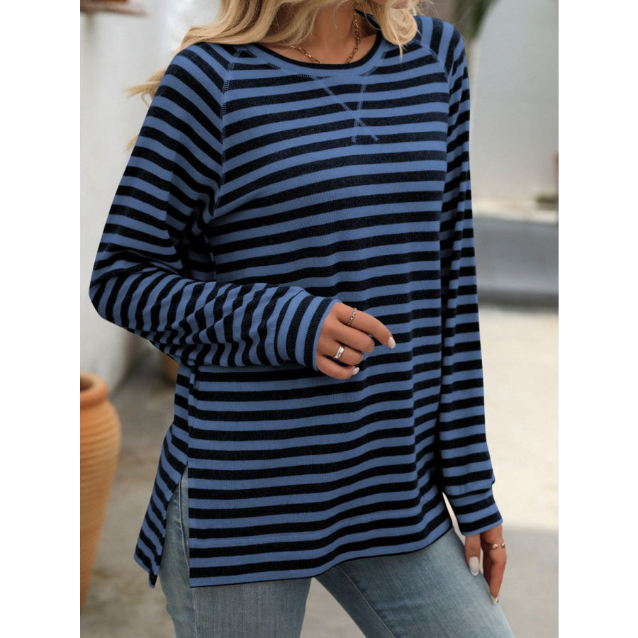 Striped Round Neck Long Sleeve T-Shirt Dark Blue / S Apparel and Accessories