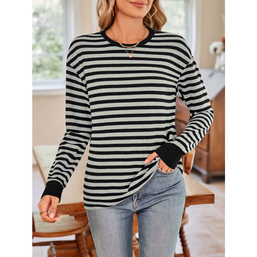 Striped Round Neck Long Sleeve T-Shirt Dark Gray / S Apparel and Accessories