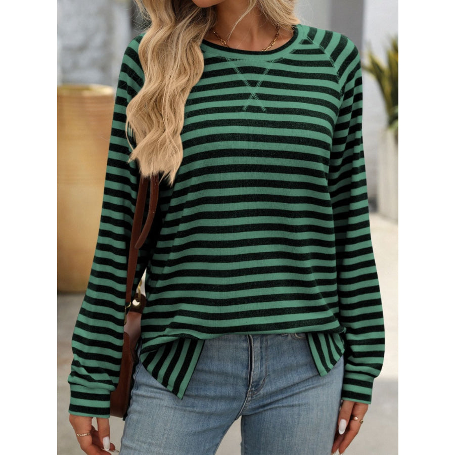 Striped Round Neck Long Sleeve T-Shirt Dark Green / S Apparel and Accessories