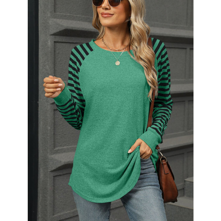 Striped Round Neck Long Sleeve T-Shirt Dark Green / S Apparel and Accessories