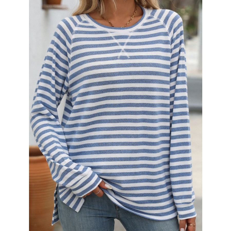 Striped Round Neck Long Sleeve T-Shirt Dusty Blue / S Apparel and Accessories