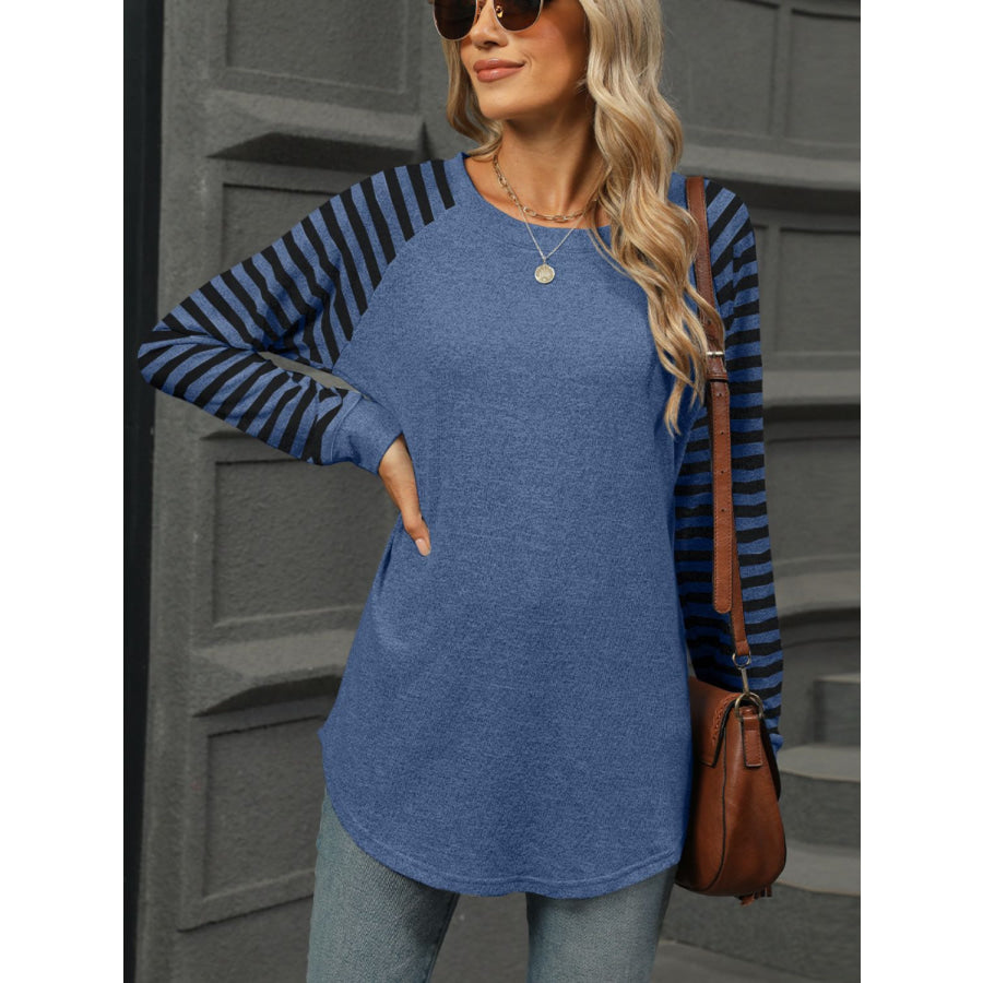 Striped Round Neck Long Sleeve T-Shirt Dusty Blue / S Apparel and Accessories