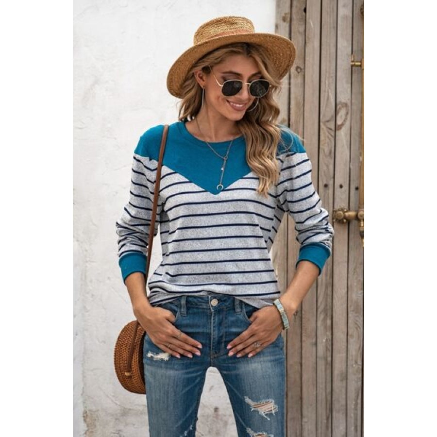 Striped Round Neck Long Sleeve T-Shirt Dusty Blue / S Clothing