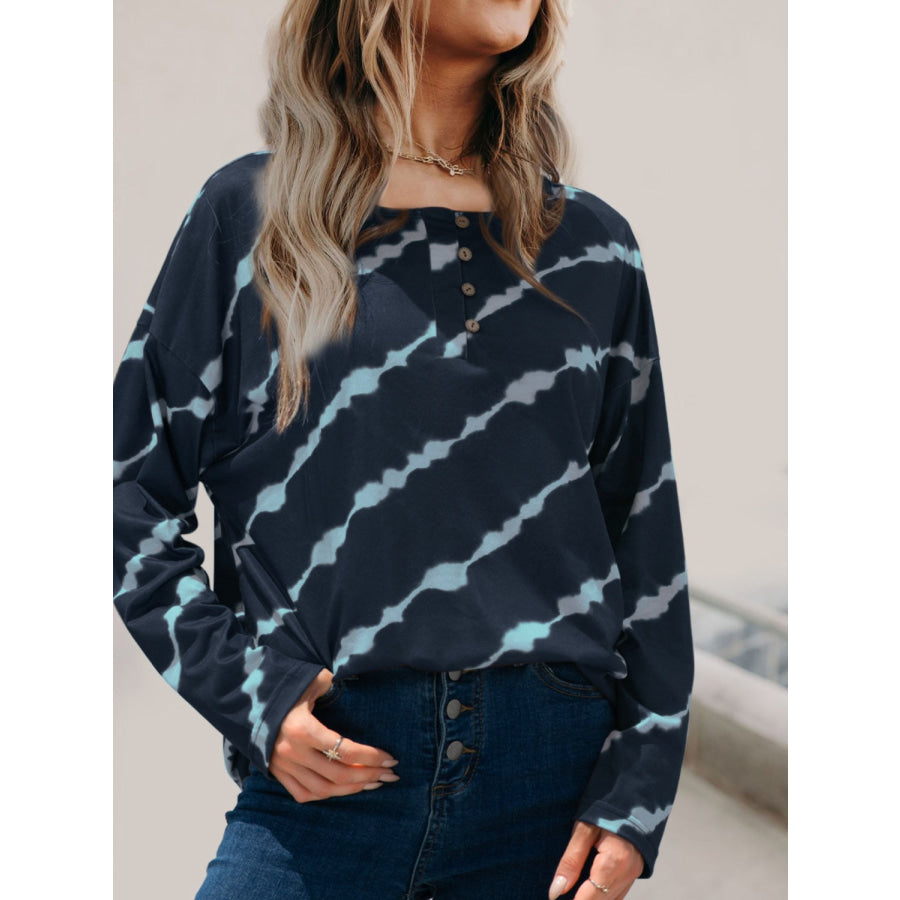 Striped Round Neck Long Sleeve T-Shirt French Blue / S Apparel and Accessories