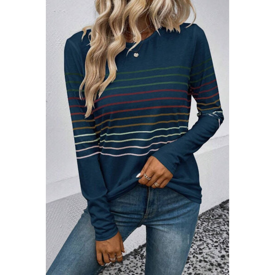 Striped Round Neck Long Sleeve T-Shirt French Blue / S Apparel and Accessories