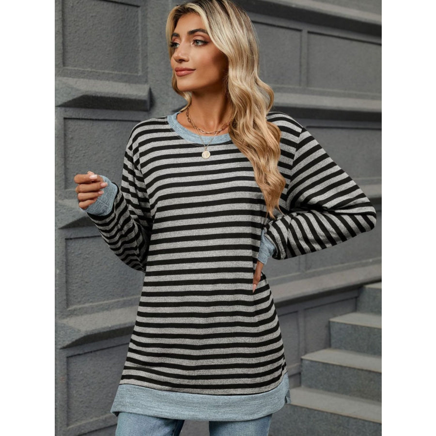 Striped Round Neck Long Sleeve T-Shirt Gray / S Apparel and Accessories