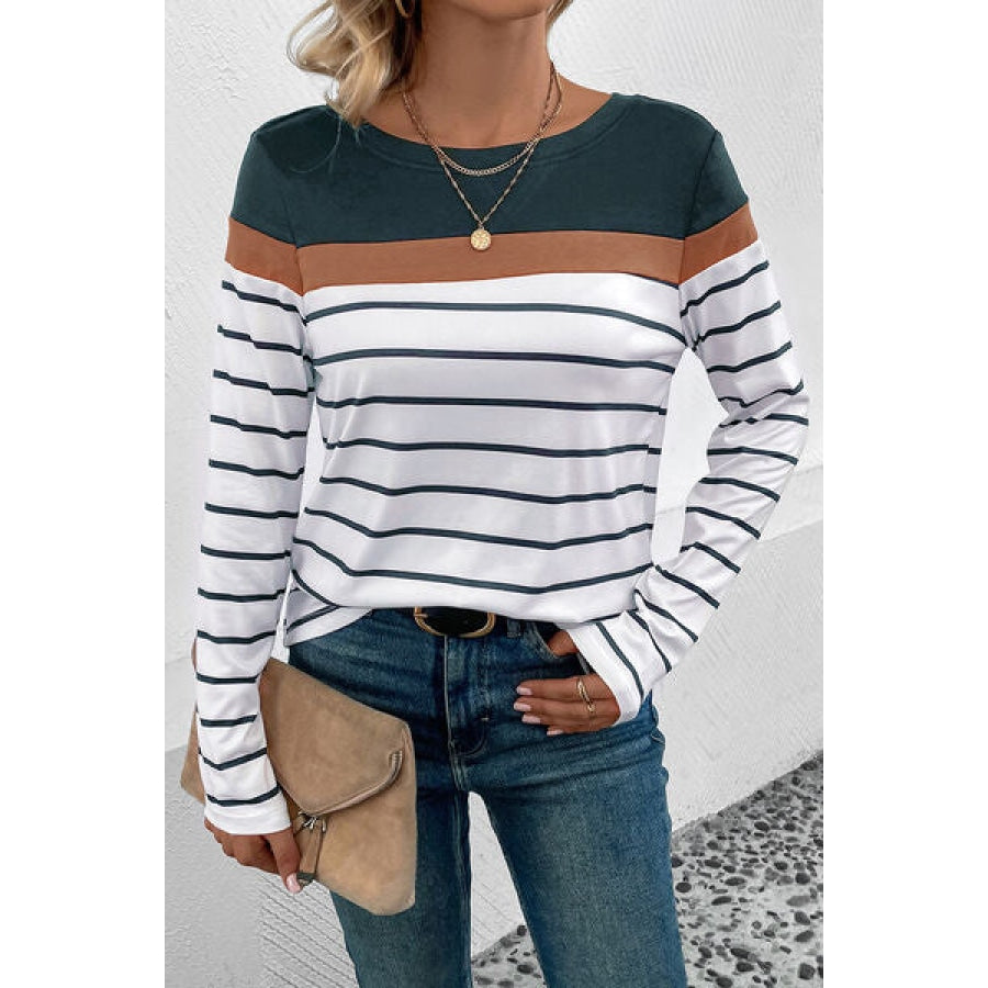 Striped Round Neck Long Sleeve T-Shirt Green / S Clothing