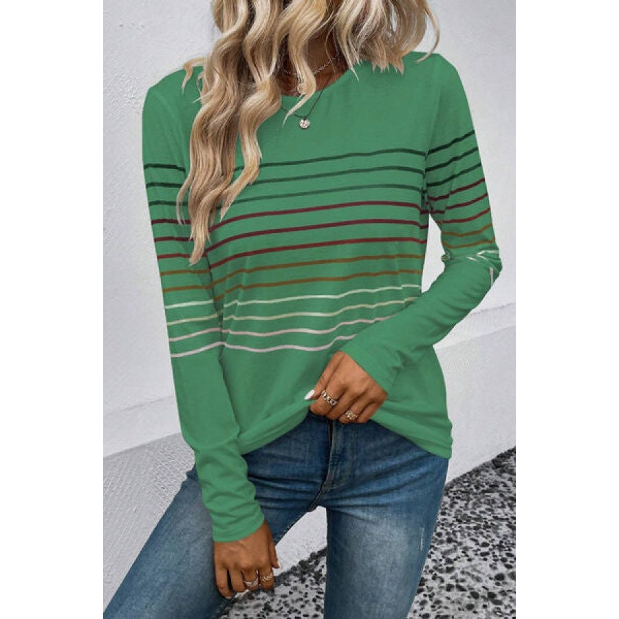 Striped Round Neck Long Sleeve T-Shirt Gum Leaf / S Apparel and Accessories