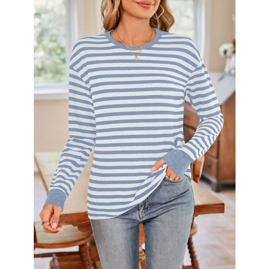 Striped Round Neck Long Sleeve T-Shirt Light Blue / S Apparel and Accessories