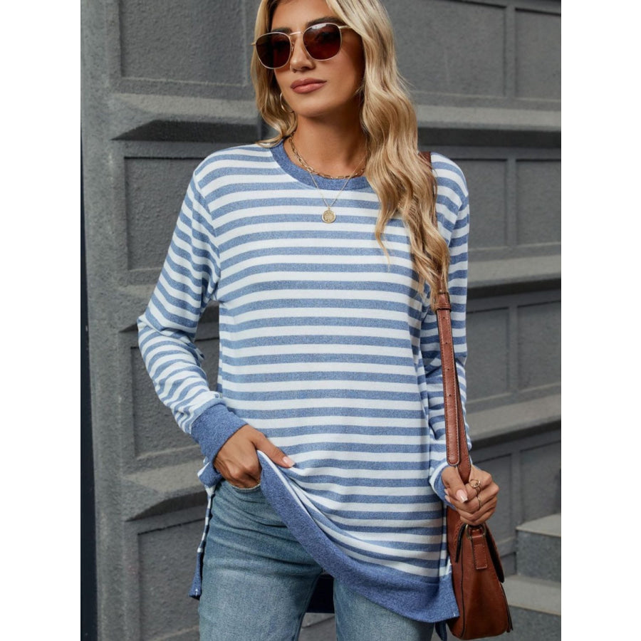 Striped Round Neck Long Sleeve T-Shirt Light Blue / S Apparel and Accessories